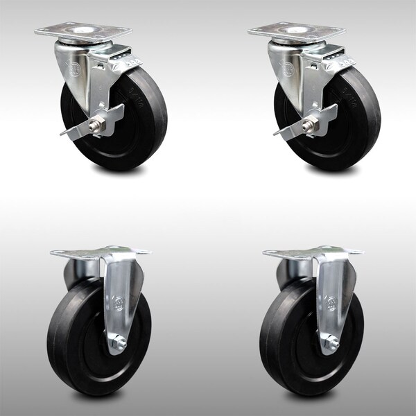5 Inch SS Soft Rubber Wheel Top Plate Caster Set with 2 Brake 2 Rigid SCC
